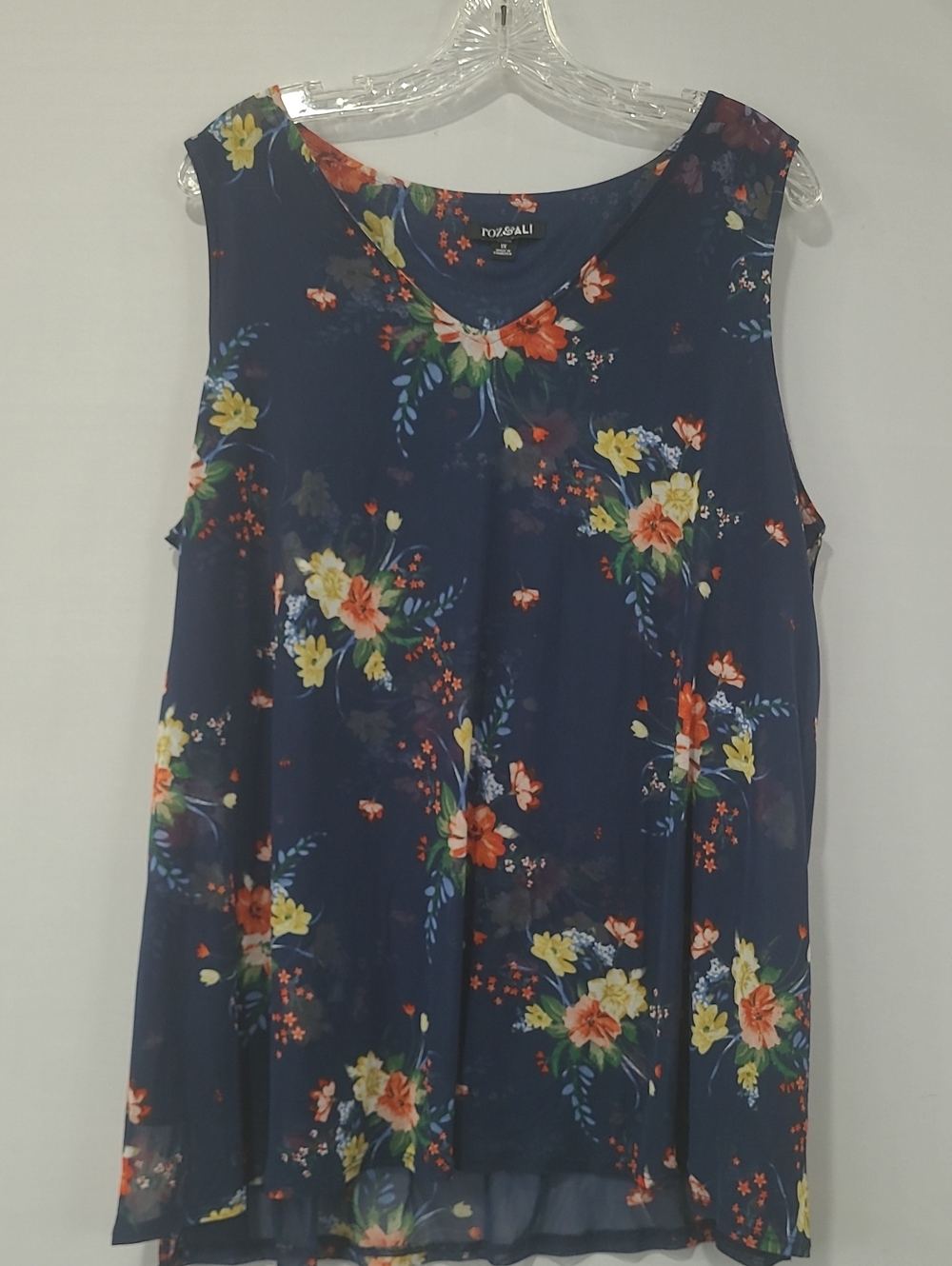 Roz & Ali Navy Floral Sleeveless V-Neck Blouse with Orange and Yellow Blooms 1X